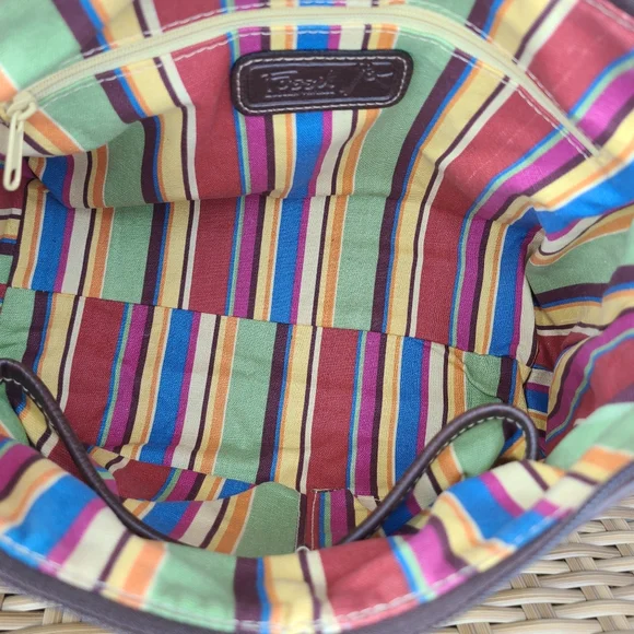 Fossil Bag Satchel Tan Straw Material Brown Leather Shoulder Strap Key Charm - Picture 14 of 16